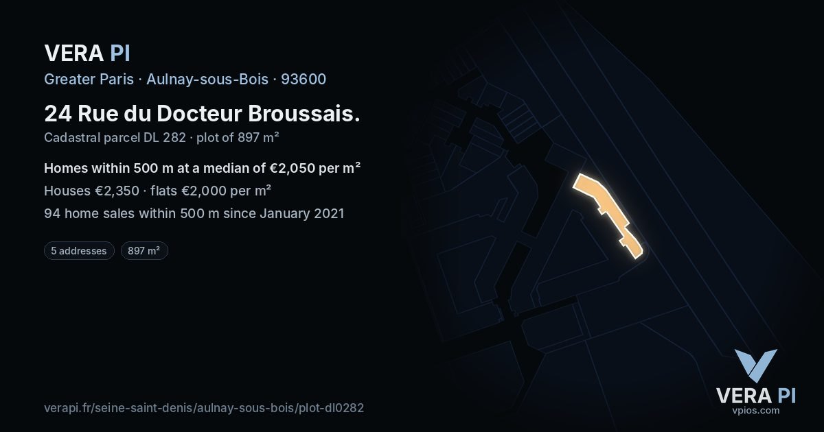 24 Rue du Docteur Broussais, Aulnay-sous-Bois at night – the plot lit, the parcels around coloured by the prices near them