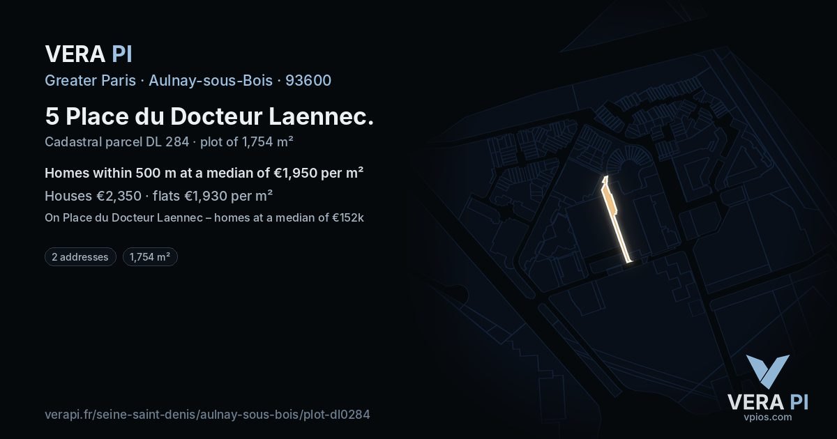 5 Place du Docteur Laennec, Aulnay-sous-Bois at night – the plot lit, the parcels around coloured by the prices near them