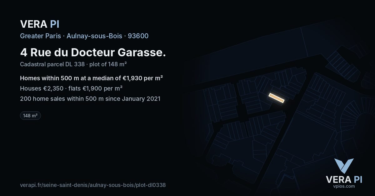 4 Rue du Docteur Garasse, Aulnay-sous-Bois at night – the plot lit, the parcels around coloured by the prices near them