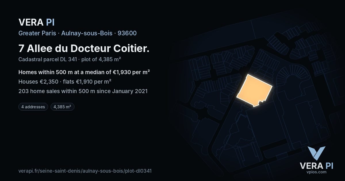 7 Allee du Docteur Coitier, Aulnay-sous-Bois at night – the plot lit, the parcels around coloured by the prices near them