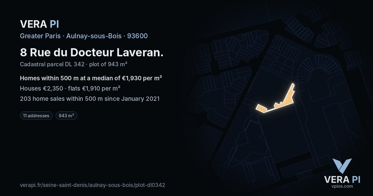 8 Rue du Docteur Laveran, Aulnay-sous-Bois at night – the plot lit, the parcels around coloured by the prices near them