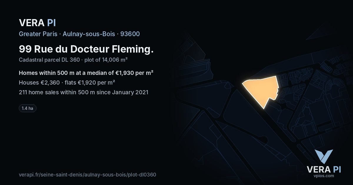 99 Rue du Docteur Fleming, Aulnay-sous-Bois at night – the plot lit, the parcels around coloured by the prices near them