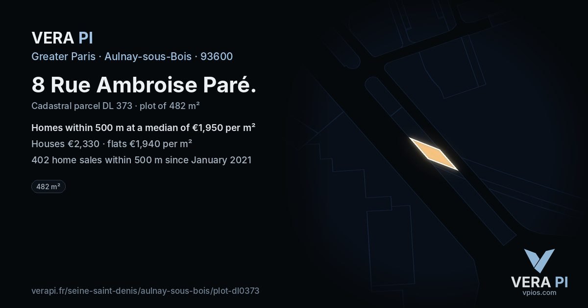 8 Rue Ambroise Paré, Aulnay-sous-Bois at night – the plot lit, the parcels around coloured by the prices near them