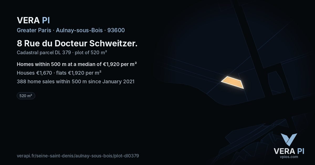 8 Rue du Docteur Schweitzer, Aulnay-sous-Bois at night – the plot lit, the parcels around coloured by the prices near them