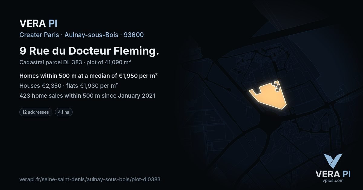 9 Rue du Docteur Fleming, Aulnay-sous-Bois at night – the plot lit, the parcels around coloured by the prices near them