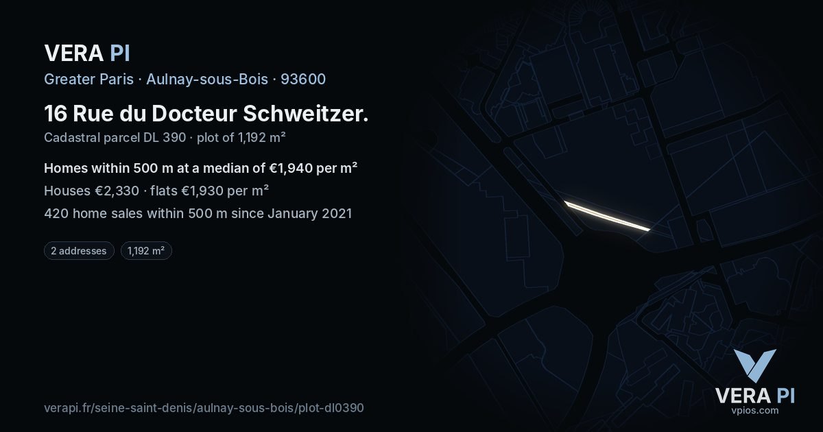 16 Rue du Docteur Schweitzer, Aulnay-sous-Bois at night – the plot lit, the parcels around coloured by the prices near them