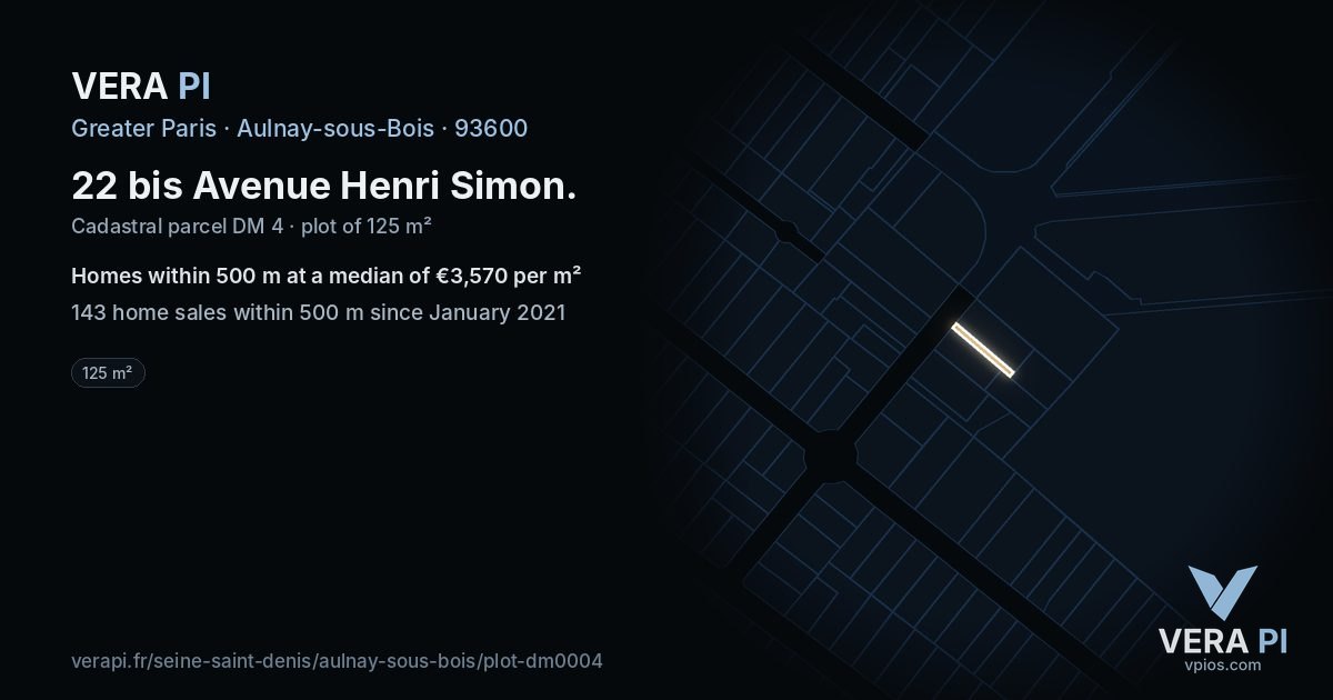 22 bis Avenue Henri Simon, Aulnay-sous-Bois at night – the plot lit, the parcels around coloured by the prices near them