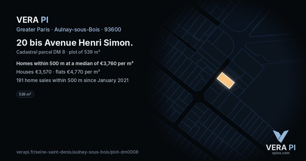 20 bis Avenue Henri Simon, Aulnay-sous-Bois at night – the plot lit, the parcels around coloured by the prices near them