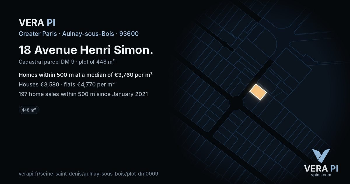 18 Avenue Henri Simon, Aulnay-sous-Bois at night – the plot lit, the parcels around coloured by the prices near them