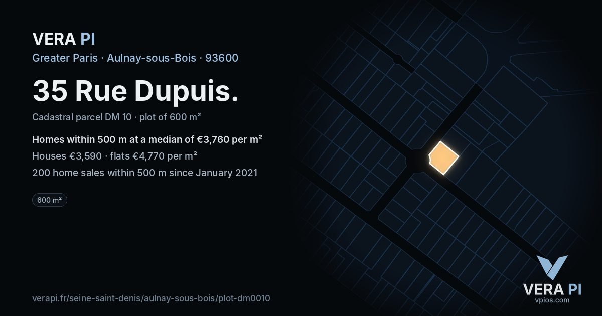 35 Rue Dupuis, Aulnay-sous-Bois at night – the plot lit, the parcels around coloured by the prices near them