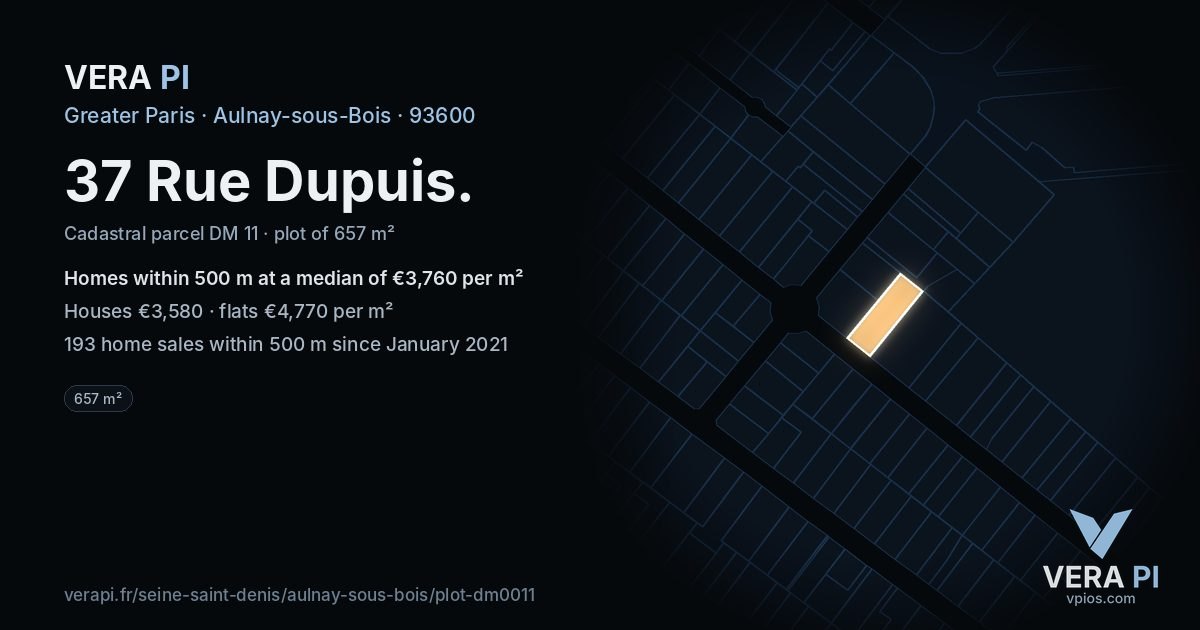 37 Rue Dupuis, Aulnay-sous-Bois at night – the plot lit, the parcels around coloured by the prices near them