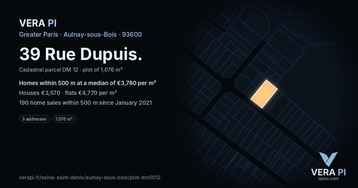 39 Rue Dupuis, Aulnay-sous-Bois at night – the plot lit, the parcels around coloured by the prices near them