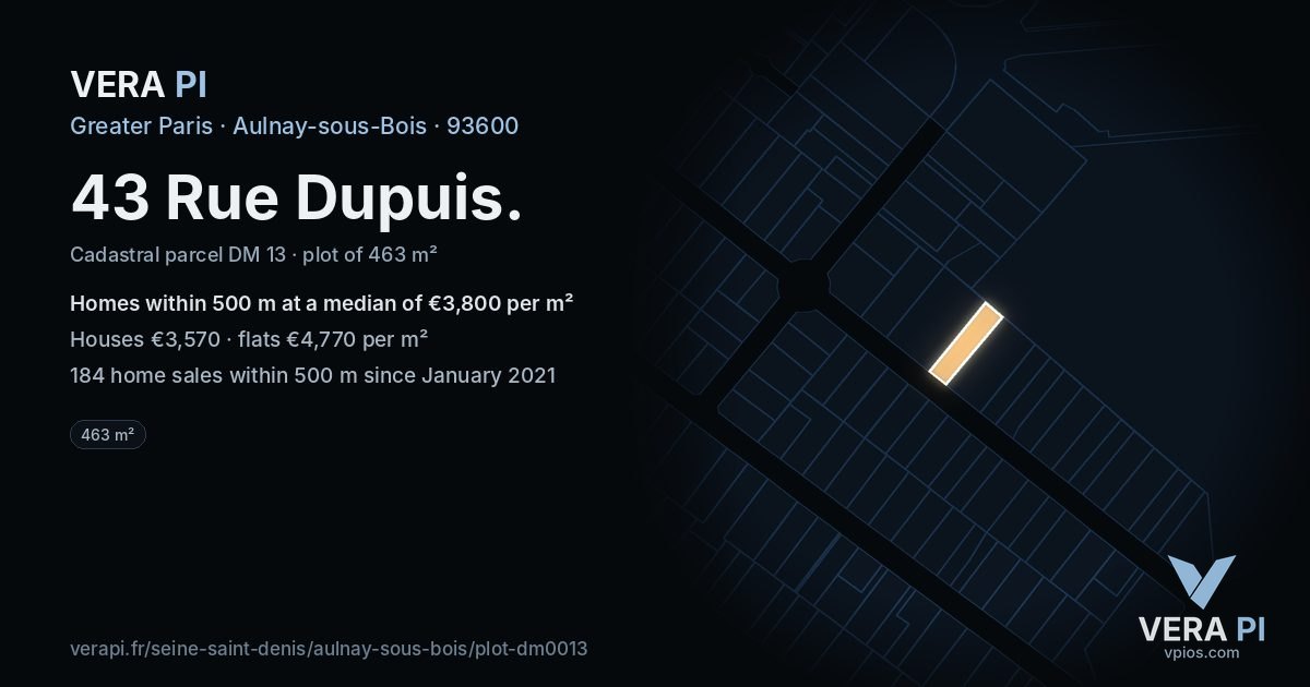 43 Rue Dupuis, Aulnay-sous-Bois at night – the plot lit, the parcels around coloured by the prices near them