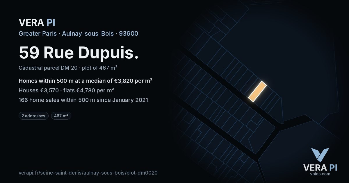 59 Rue Dupuis, Aulnay-sous-Bois at night – the plot lit, the parcels around coloured by the prices near them