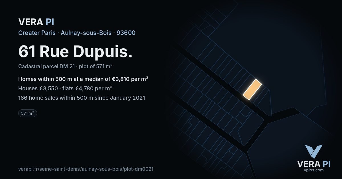 61 Rue Dupuis, Aulnay-sous-Bois at night – the plot lit, the parcels around coloured by the prices near them