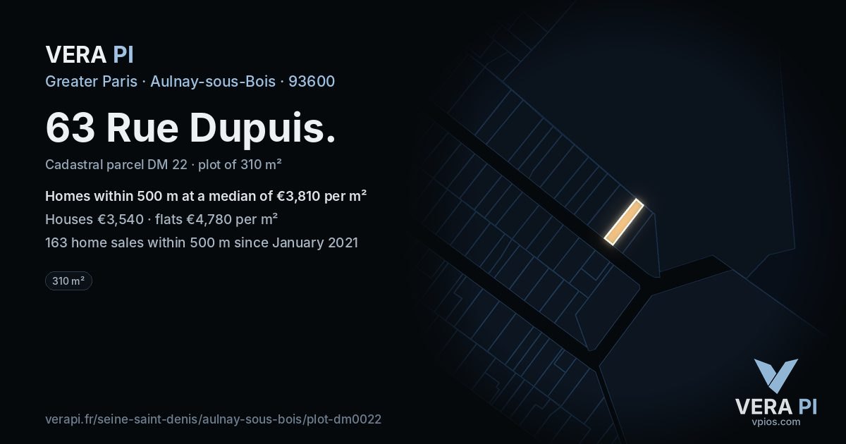 63 Rue Dupuis, Aulnay-sous-Bois at night – the plot lit, the parcels around coloured by the prices near them