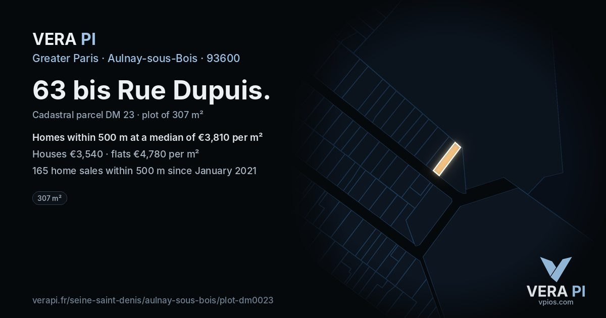 63 bis Rue Dupuis, Aulnay-sous-Bois at night – the plot lit, the parcels around coloured by the prices near them