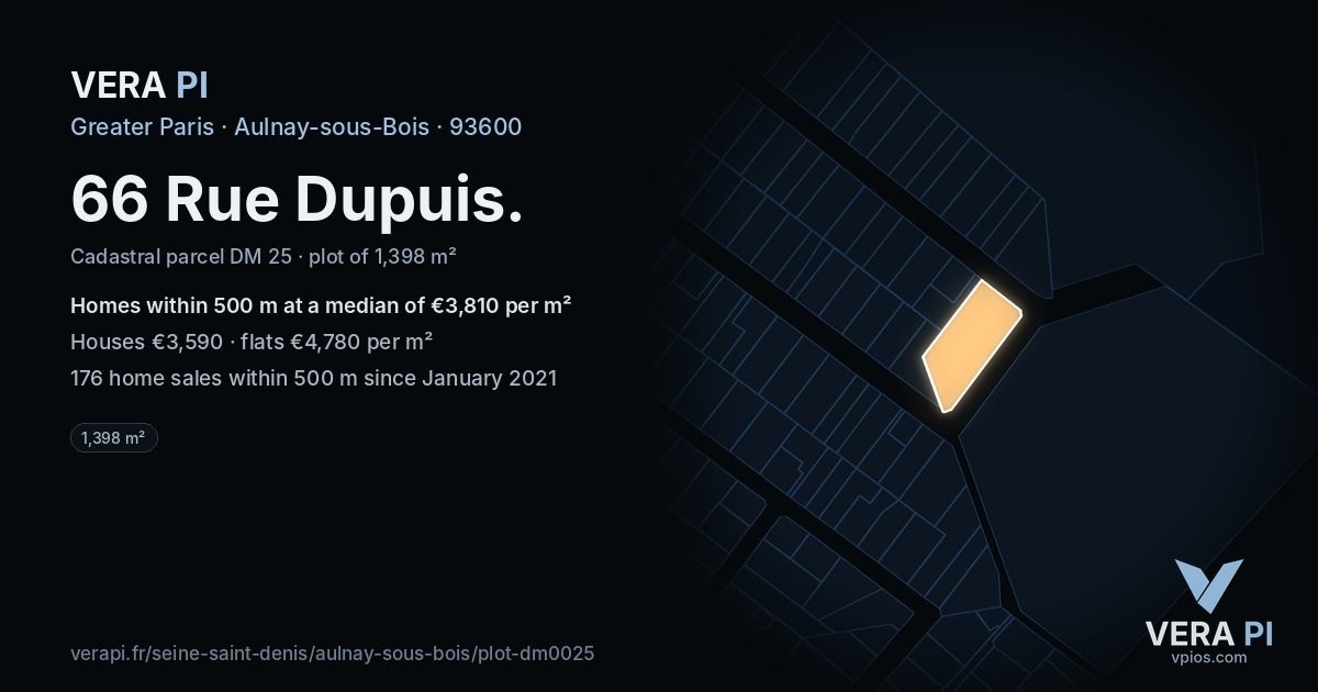 66 Rue Dupuis, Aulnay-sous-Bois at night – the plot lit, the parcels around coloured by the prices near them