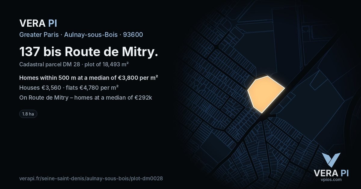 137 bis Route de Mitry, Aulnay-sous-Bois at night – the plot lit, the parcels around coloured by the prices near them