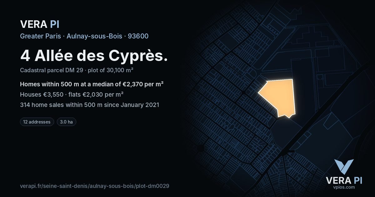 4 Allée des Cyprès, Aulnay-sous-Bois at night – the plot lit, the parcels around coloured by the prices near them