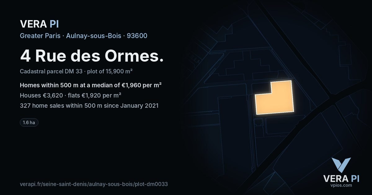 4 Rue des Ormes, Aulnay-sous-Bois at night – the plot lit, the parcels around coloured by the prices near them