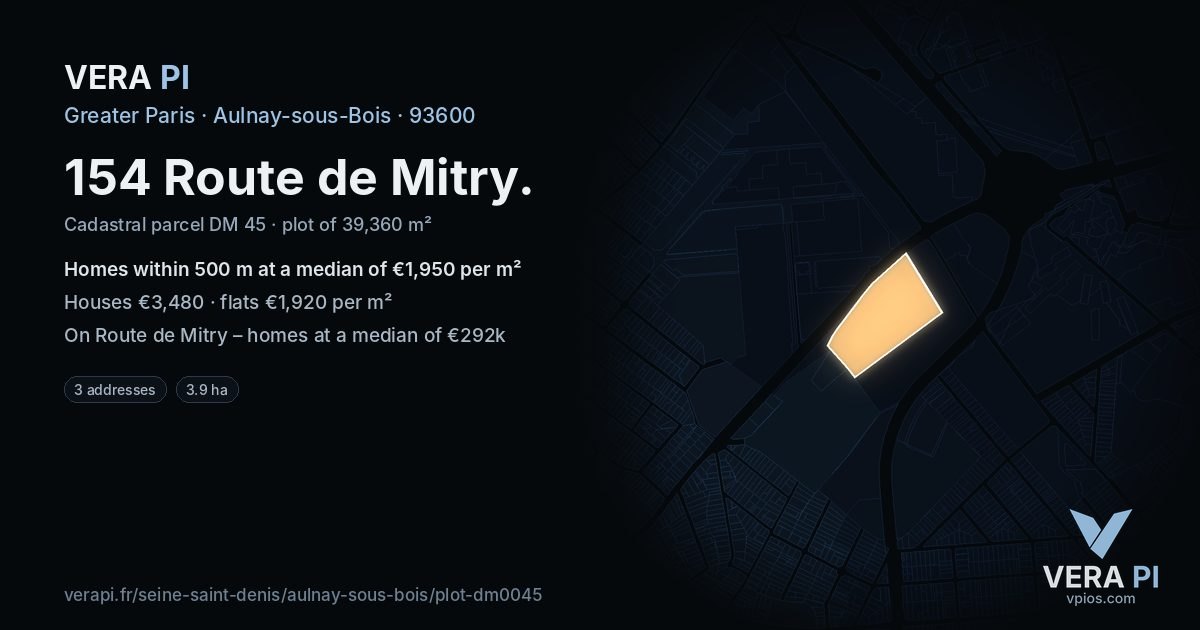 154 Route de Mitry, Aulnay-sous-Bois at night – the plot lit, the parcels around coloured by the prices near them