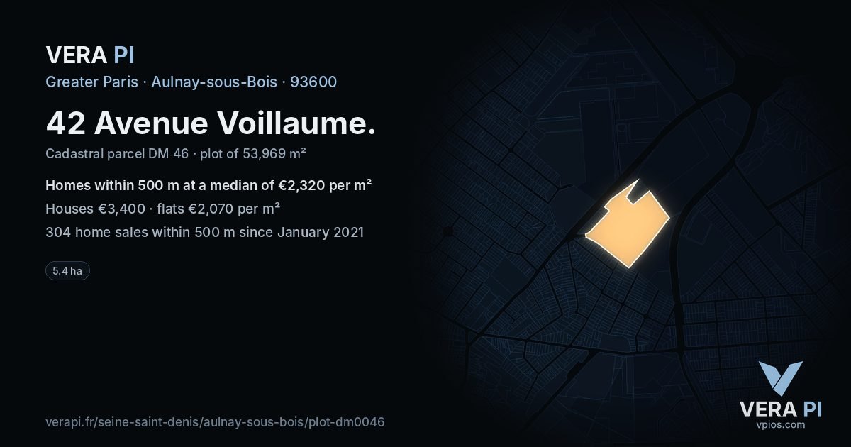42 Avenue Voillaume, Aulnay-sous-Bois at night – the plot lit, the parcels around coloured by the prices near them