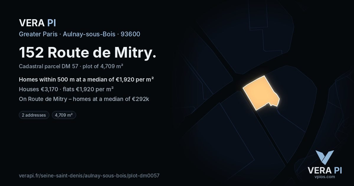 152 Route de Mitry, Aulnay-sous-Bois at night – the plot lit, the parcels around coloured by the prices near them