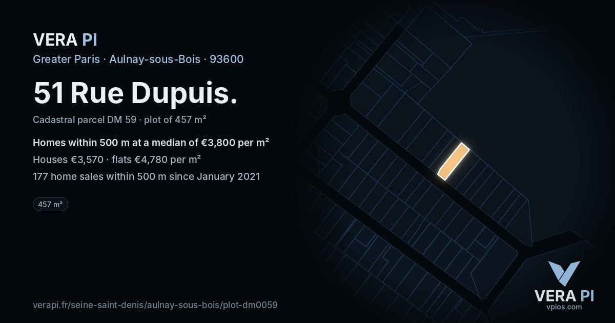 51 Rue Dupuis, Aulnay-sous-Bois at night – the plot lit, the parcels around coloured by the prices near them