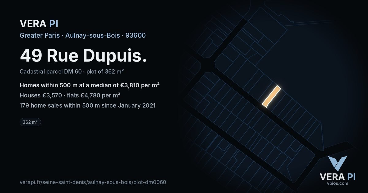 49 Rue Dupuis, Aulnay-sous-Bois at night – the plot lit, the parcels around coloured by the prices near them