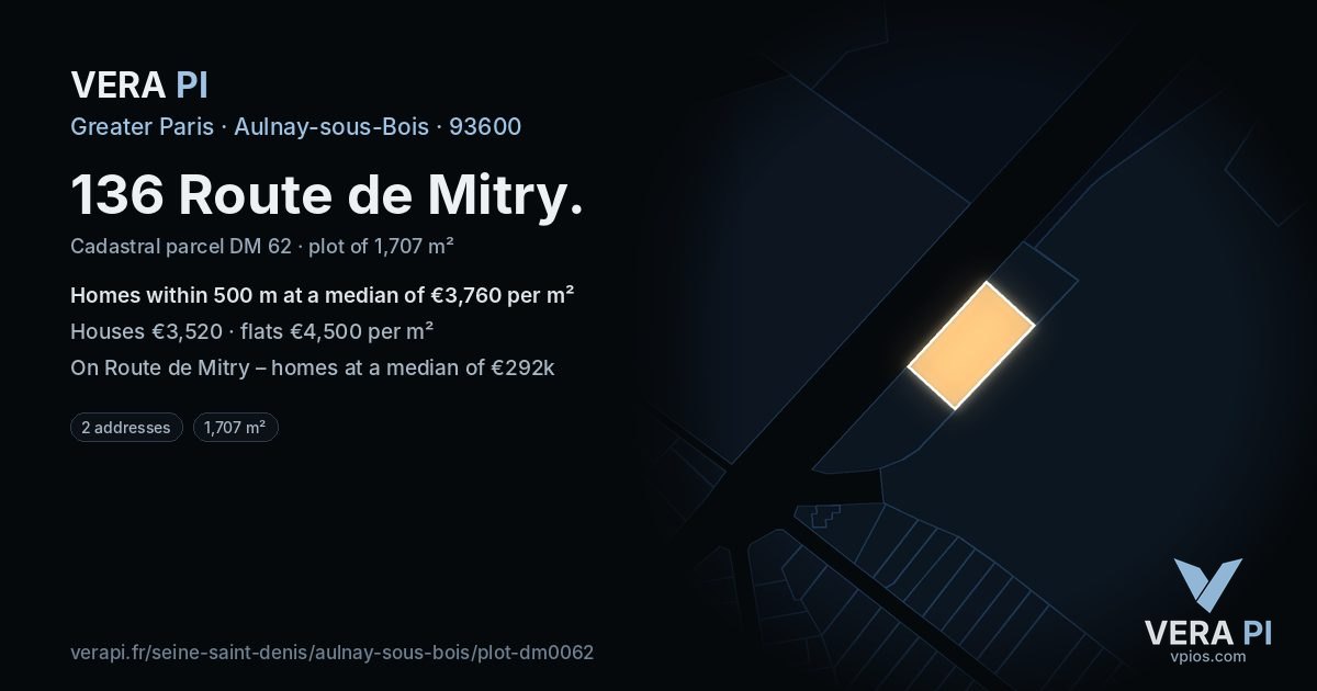 136 Route de Mitry, Aulnay-sous-Bois at night – the plot lit, the parcels around coloured by the prices near them