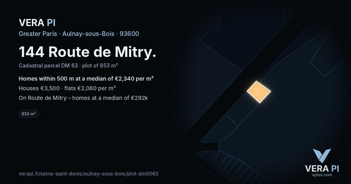 144 Route de Mitry, Aulnay-sous-Bois at night – the plot lit, the parcels around coloured by the prices near them