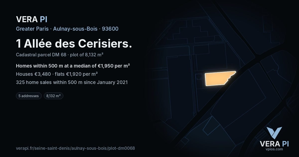 1 Allée des Cerisiers, Aulnay-sous-Bois at night – the plot lit, the parcels around coloured by the prices near them