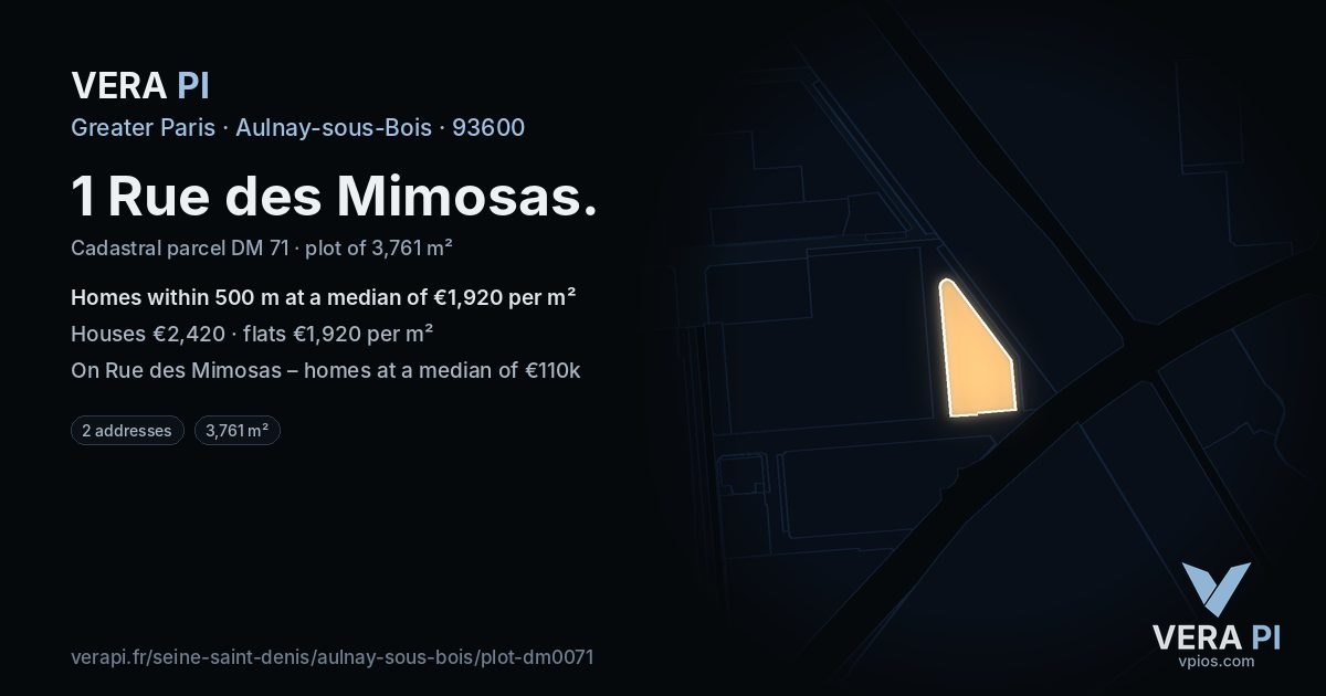 1 Rue des Mimosas, Aulnay-sous-Bois at night – the plot lit, the parcels around coloured by the prices near them