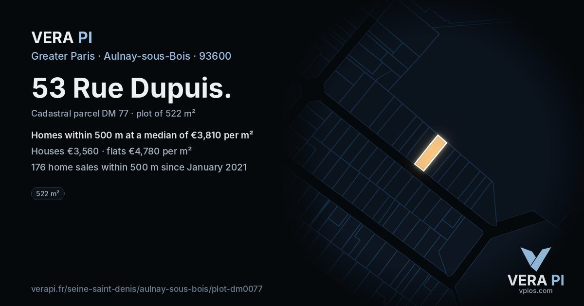 53 Rue Dupuis, Aulnay-sous-Bois at night – the plot lit, the parcels around coloured by the prices near them