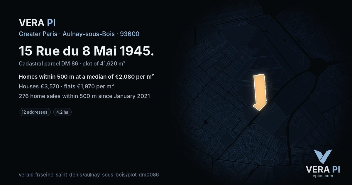 15 Rue du 8 Mai 1945, Aulnay-sous-Bois at night – the plot lit, the parcels around coloured by the prices near them