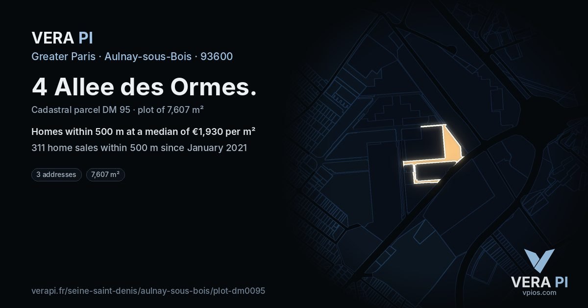 4 Allee des Ormes, Aulnay-sous-Bois at night – the plot lit, the parcels around coloured by the prices near them