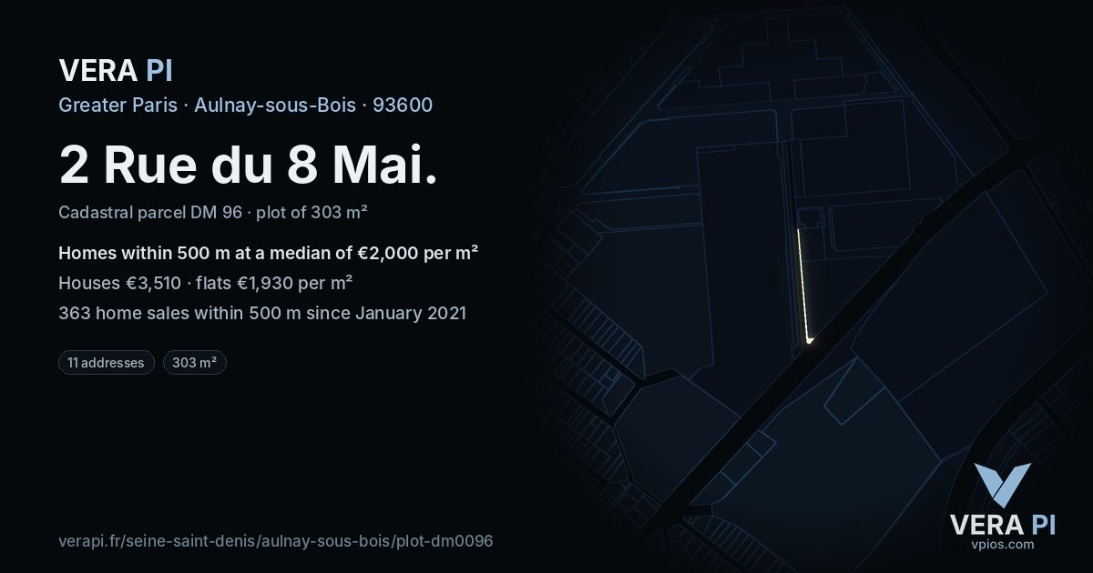 2 Rue du 8 Mai, Aulnay-sous-Bois at night – the plot lit, the parcels around coloured by the prices near them