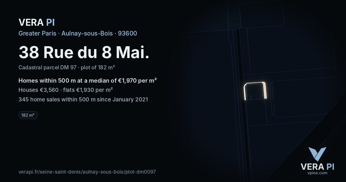 38 Rue du 8 Mai, Aulnay-sous-Bois at night – the plot lit, the parcels around coloured by the prices near them