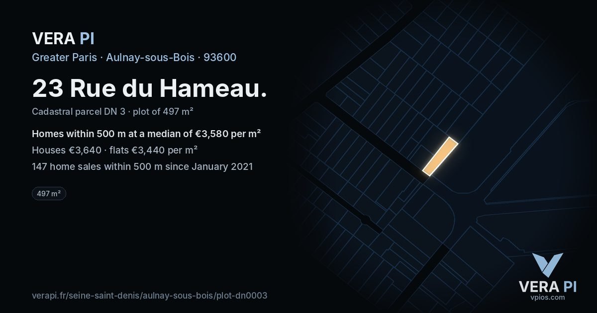 23 Rue du Hameau, Aulnay-sous-Bois at night – the plot lit, the parcels around coloured by the prices near them
