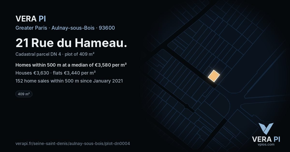 21 Rue du Hameau, Aulnay-sous-Bois at night – the plot lit, the parcels around coloured by the prices near them