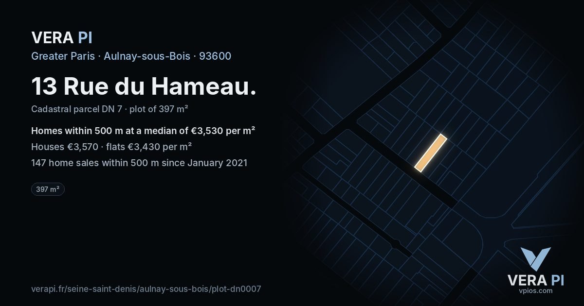 13 Rue du Hameau, Aulnay-sous-Bois at night – the plot lit, the parcels around coloured by the prices near them