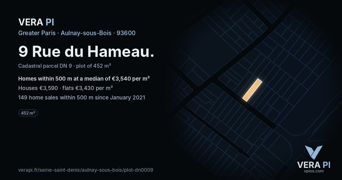 9 Rue du Hameau, Aulnay-sous-Bois at night – the plot lit, the parcels around coloured by the prices near them