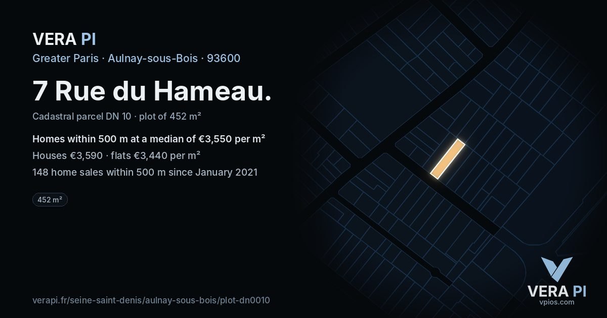 7 Rue du Hameau, Aulnay-sous-Bois at night – the plot lit, the parcels around coloured by the prices near them