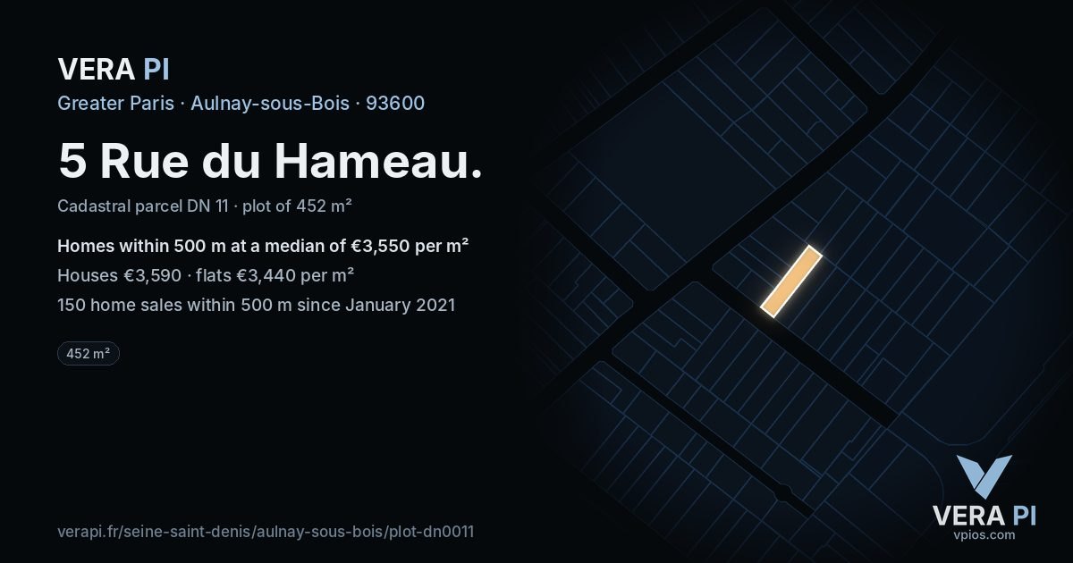 5 Rue du Hameau, Aulnay-sous-Bois at night – the plot lit, the parcels around coloured by the prices near them
