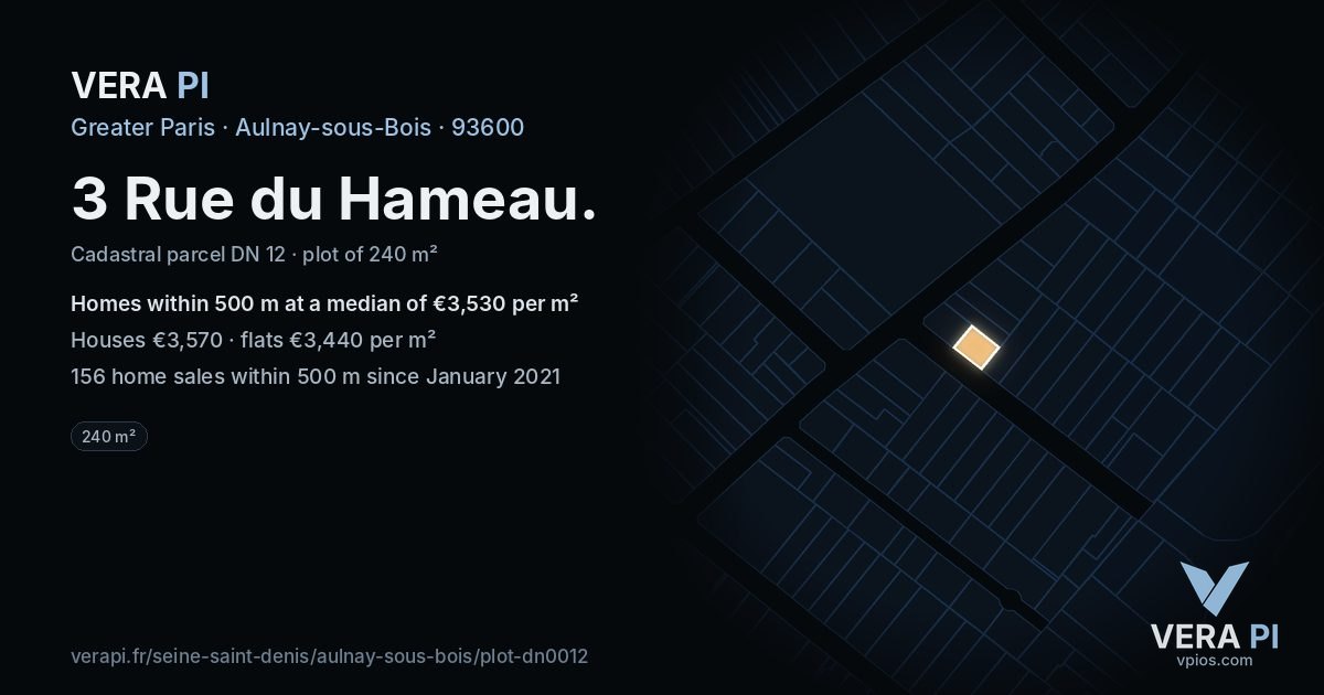 3 Rue du Hameau, Aulnay-sous-Bois at night – the plot lit, the parcels around coloured by the prices near them