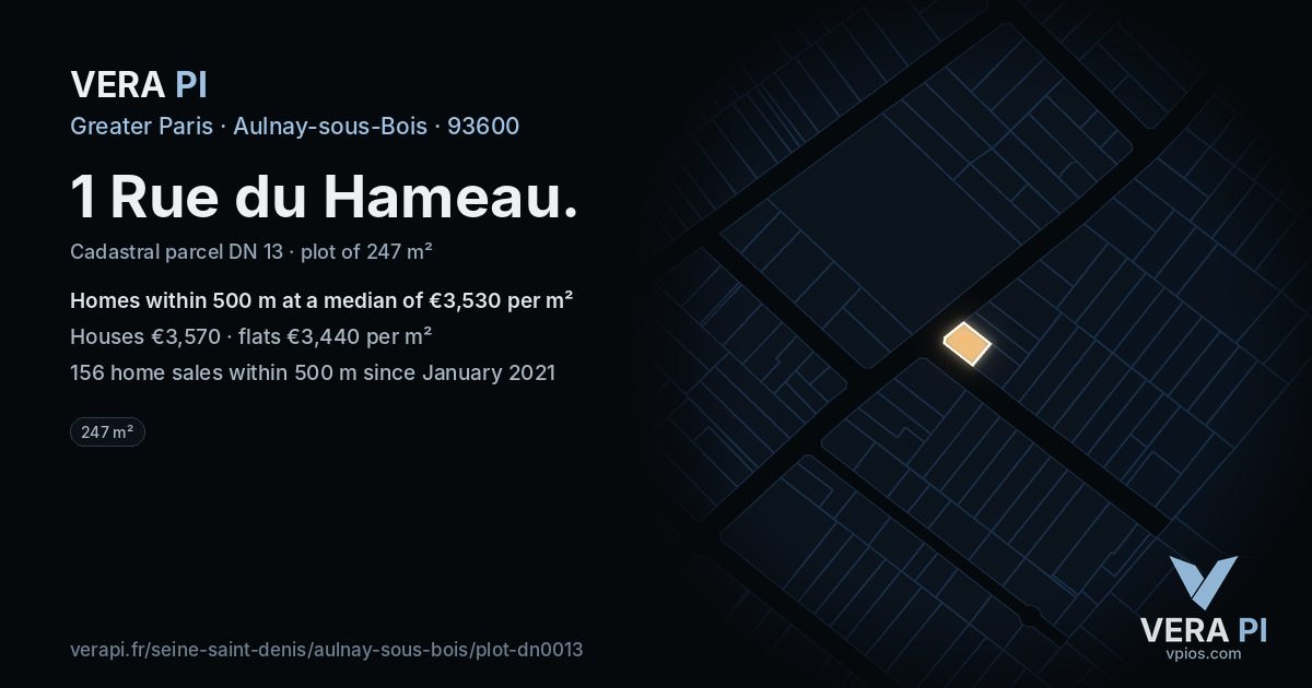 1 Rue du Hameau, Aulnay-sous-Bois at night – the plot lit, the parcels around coloured by the prices near them