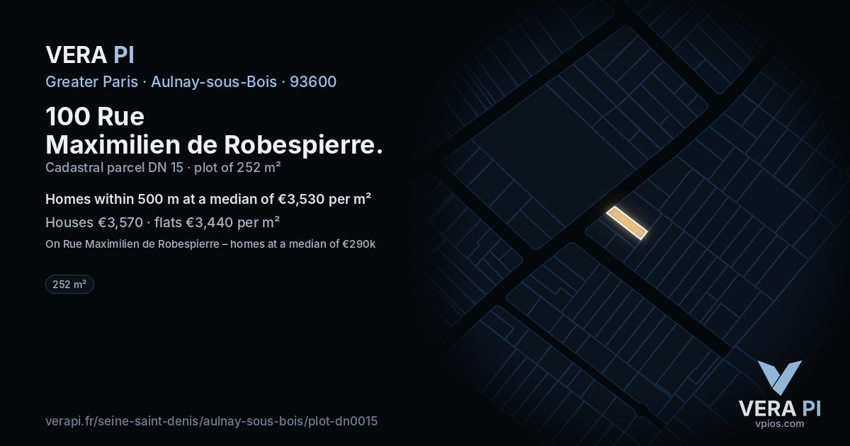 100 Rue Maximilien de Robespierre, Aulnay-sous-Bois at night – the plot lit, the parcels around coloured by the prices near them