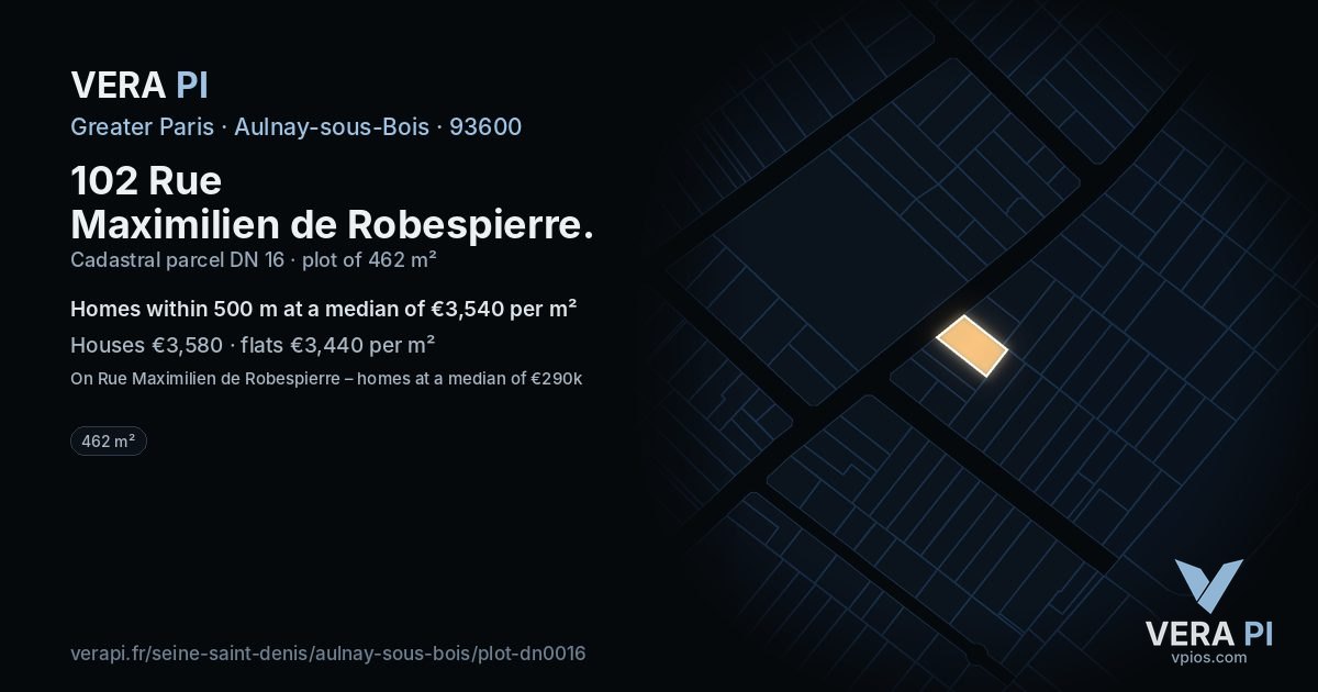 102 Rue Maximilien de Robespierre, Aulnay-sous-Bois at night – the plot lit, the parcels around coloured by the prices near them