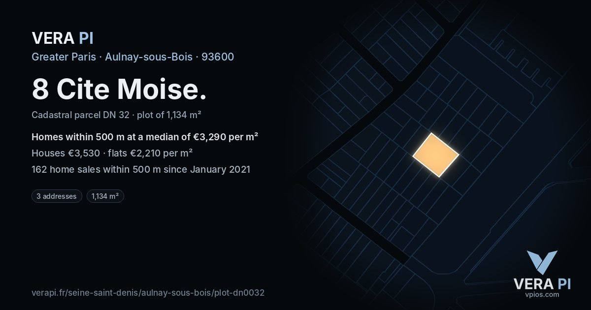 8 Cite Moise, Aulnay-sous-Bois at night – the plot lit, the parcels around coloured by the prices near them